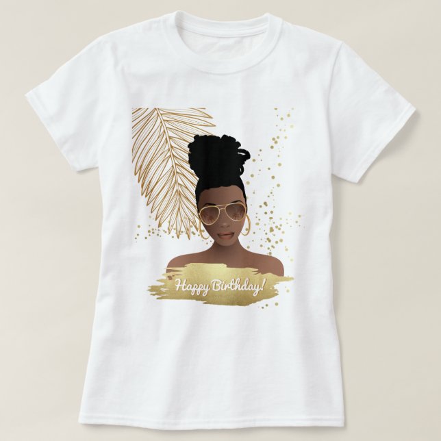 Camiseta Feliz Aniversário, Mulher Negra, Folha Dourada Tro (Frente do Design)