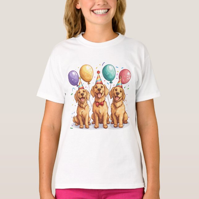 Camiseta Feliz Aniversário Ouro Cachorros de Retriever (Frente)