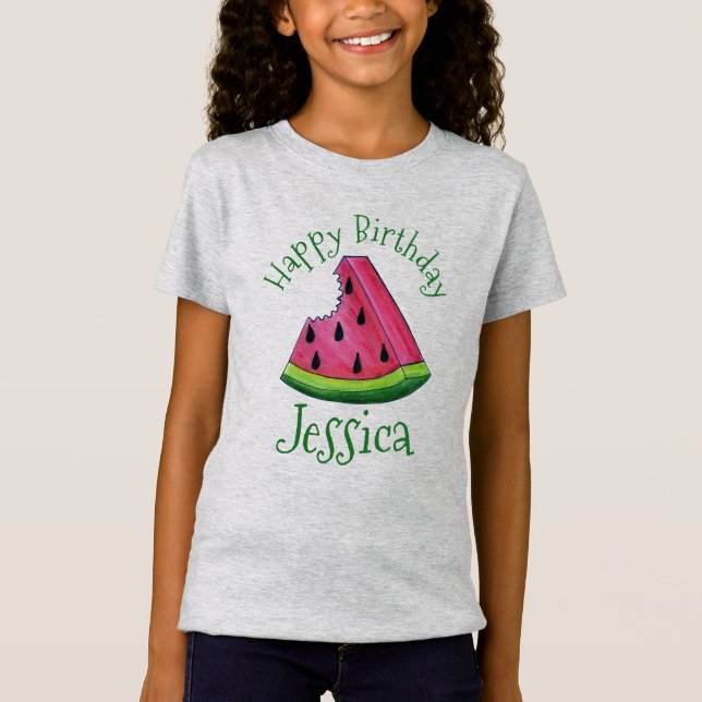 Camiseta Feliz Aniversário Pink Watermelon Slice Fruta Picn (Frente)