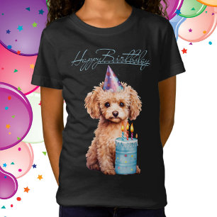 Camiseta Feliz Aniversário Poodle com Chapéu de Festa e Bol