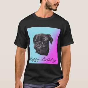 Camiseta Feliz Aniversário Pug Amor rosa rosa e azul