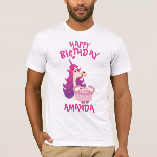 Camiseta Feliz Aniversário Unicórnio Rosa Púrpura simples