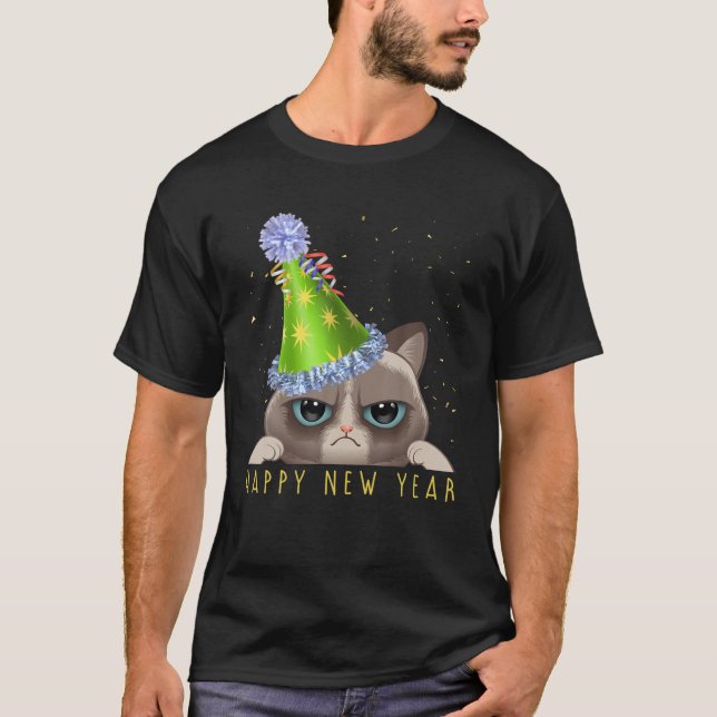 Camiseta Feliz ano novo 2022 Festa Engraçada de Gato do Ano (Frente)