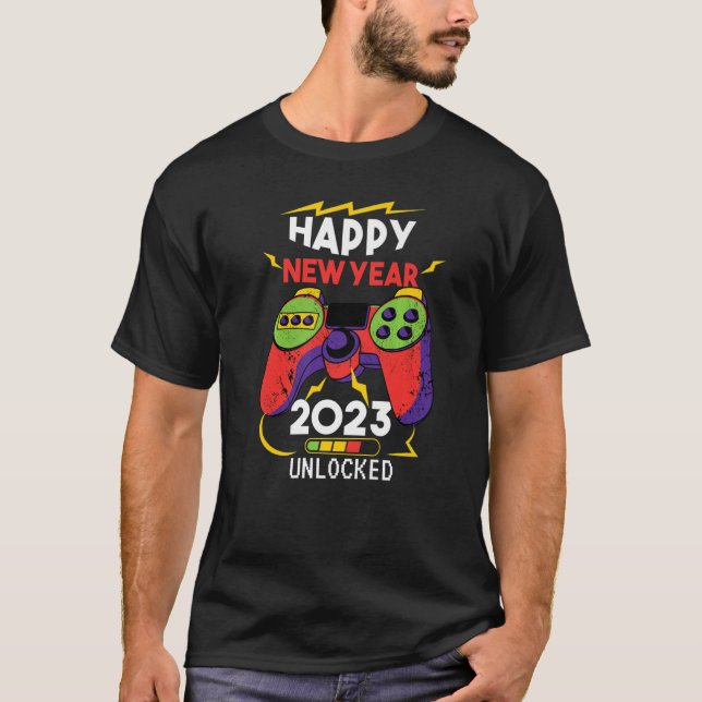 Camiseta Feliz ano novo 2023 - NYE do Jogo de Jogos Desbloq (Frente)