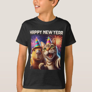 Camiseta Feliz Ano Novo 2026 Arte de Festa de Gato Fofo Cap