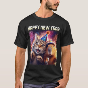 Camiseta Feliz Ano Novo 2026 Arte de Festa de Gato Fofo Cap