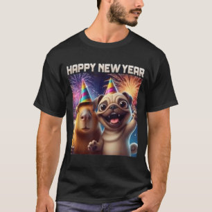 Camiseta Feliz Ano Novo 2026 Arte de Festa do Capivara Pug