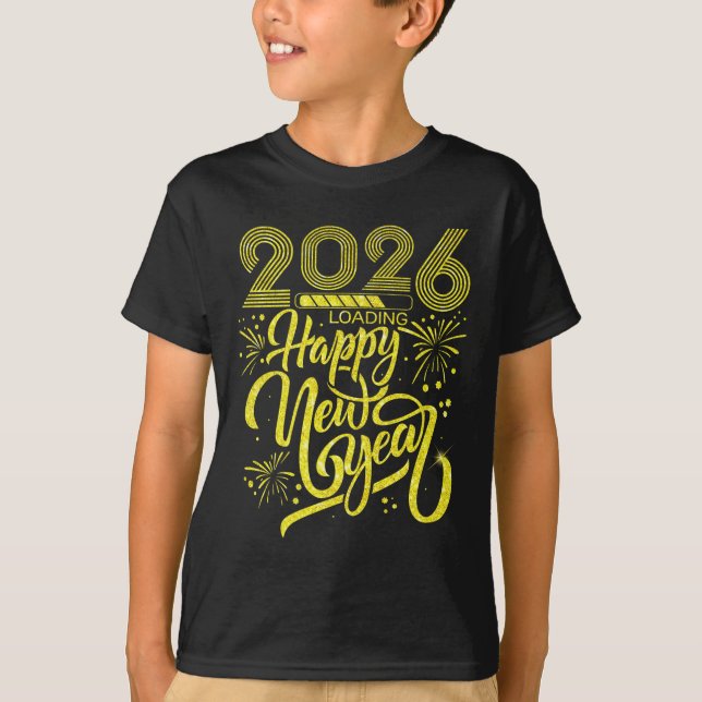 Camiseta Feliz ano novo 2026 Carregando o Premiu do Firewor (Frente)