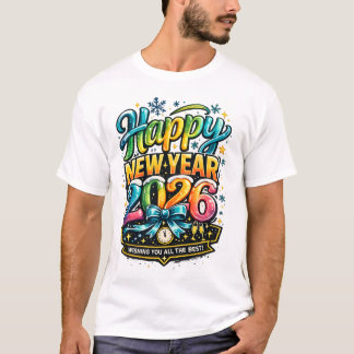 Camiseta Feliz Ano Novo 2026 Celebração Colorida e Retrô De