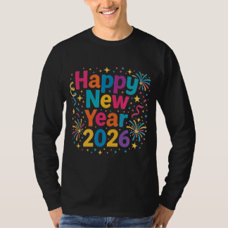 Camiseta Feliz Ano Novo 2026 — Celebração de Confetes Arco-