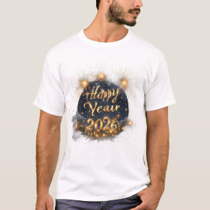 Camiseta Feliz Ano Novo 2026 Celebração - Dourado Moderno 