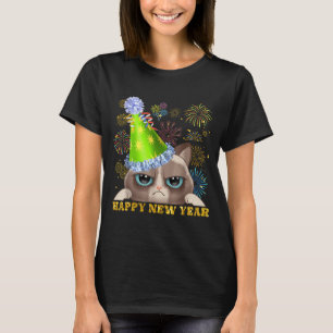 Camiseta Feliz Ano Novo 2026 Gato Divertido Chapéu de Révei