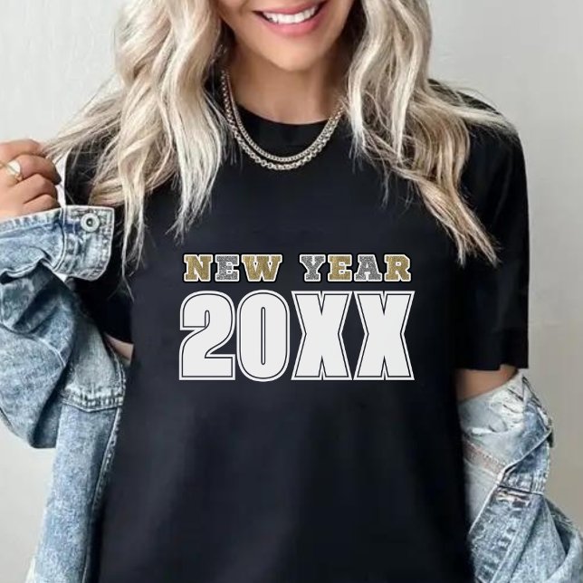 Camiseta Feliz ano novo 2026 Prata preta e brilho Dourado (Black Silver & Gold Glitter Happy New Year 2024 T-Shirt)