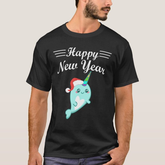 Camiseta Feliz ano novo Cute Narwhal Santa Hat Funny Pajama (Frente)