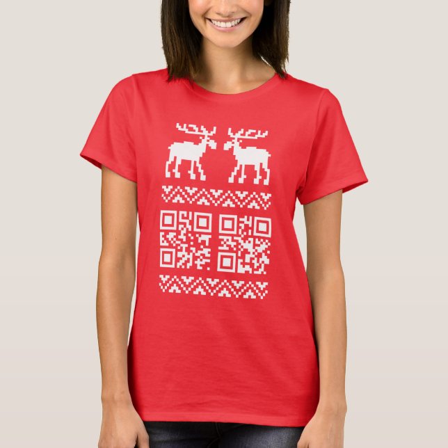 Camiseta Feliz ano novo de Código QR do Sweater de Natal Fe (Frente)