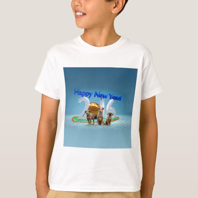 Camiseta Feliz ano novo de Desejo de 3 Cachorros Bonitos 20 (Frente)