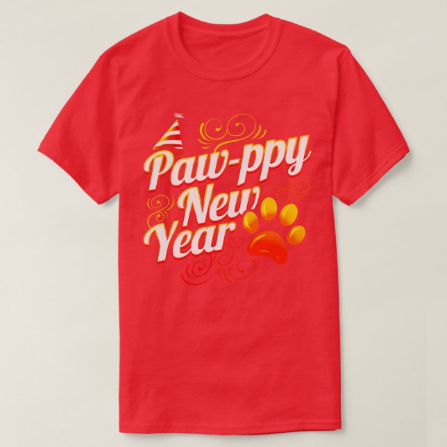 Camiseta Feliz ano novo De Pawppy De Gato E Cão (Frente do Design)