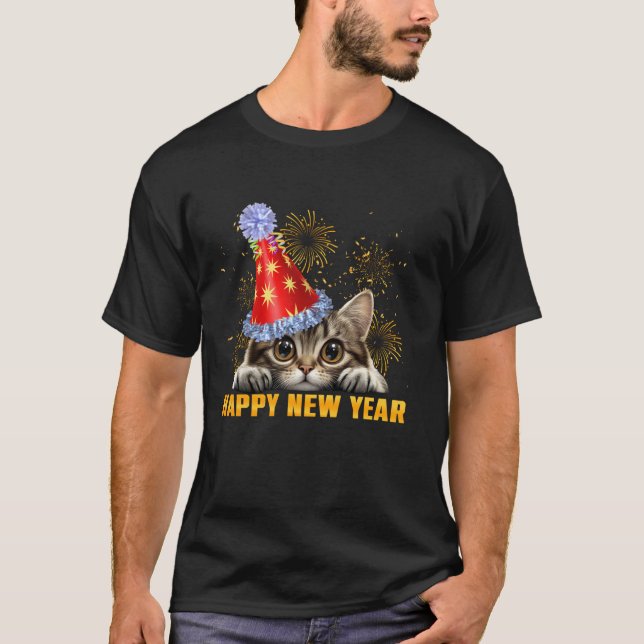 Camiseta Feliz ano novo Engraçado 2025 Cat Peeking Anos nov (Frente)