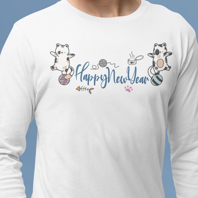 Camiseta Feliz ano novo Entre Gatinhos Equilibrado Num Fio (Happy New Year Between Kittens Balanced On A Yarn T-Shirt)