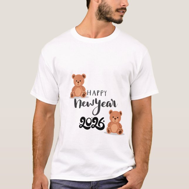 Camiseta Feliz Ano Novo Ilustração de Urso de Pelúcia Fofo  (Frente)
