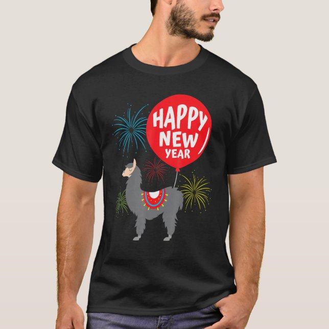 Camiseta Feliz ano novo Llama Rocket Fireworks (Frente)