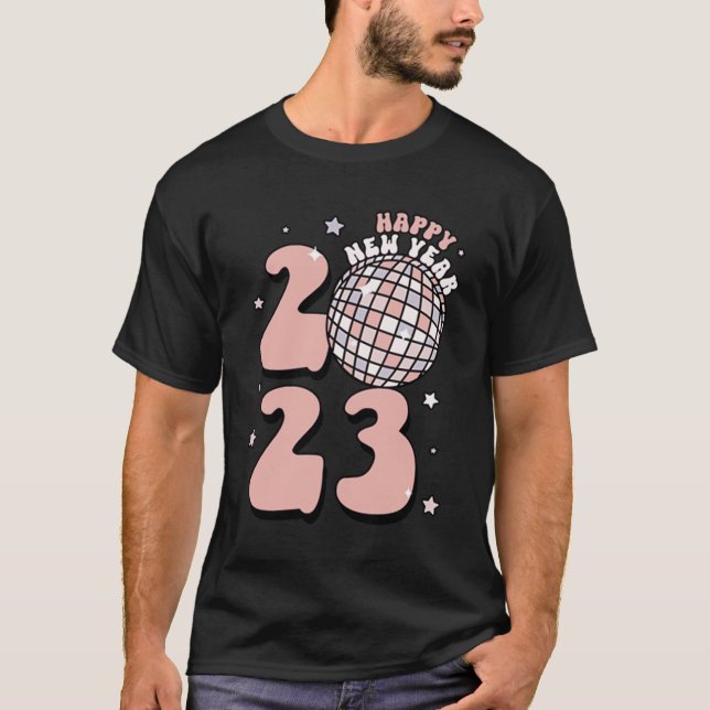 Camiseta Feliz ano novo Retro Groovy Disco Família 2023 Chr (Frente)