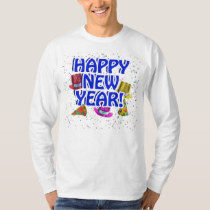 Camiseta Feliz ano novo - Texto Azul com Chapéus de Partid