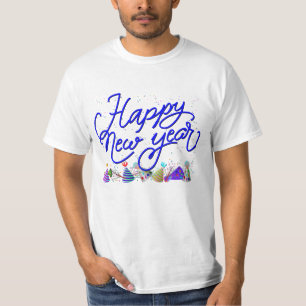 Camiseta Feliz Ano Novo - Texto Azul Divertido Com Confetes