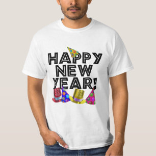 Camiseta Feliz Ano Novo Texto e Chapéus de Festa