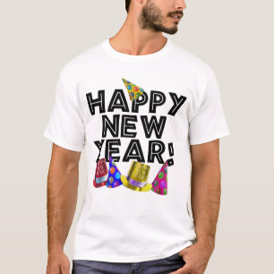 Camiseta Feliz ano novo - Texto Preto com Chapéus de Partid