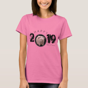Camiseta Feliz Ano PIg 2019, Tee Mulher Original 3D