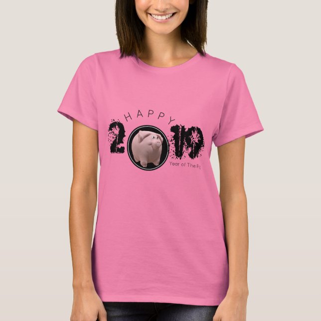 Camiseta Feliz Ano PIg 2019, Tee Mulher Original 3D (Frente)