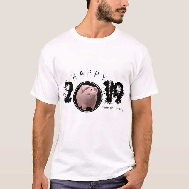 Camiseta Feliz Ano PIg 2019, Tee Original 3D Man (Frente)