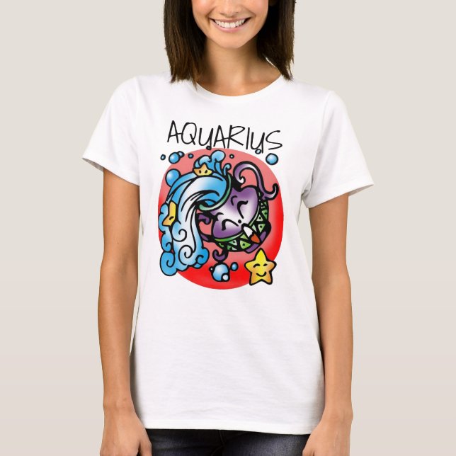 Camiseta Feliz Aquarius Purple Cartoon Vase derramando água (Frente)