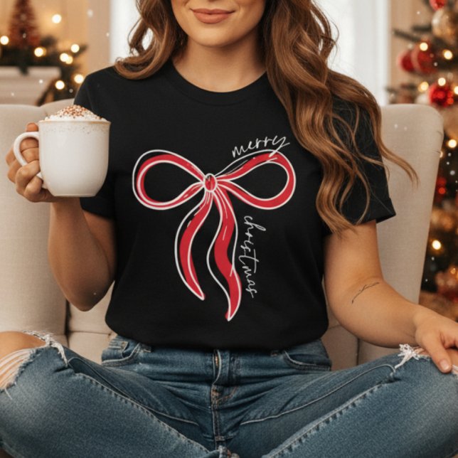 Camiseta Feliz Arco de Natal | Cristo Trendy Coquette (Trendy Merry Christmas Bow Shirt – minimalist red ribbon design for a chic, festive holiday look!)