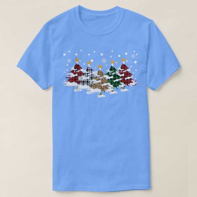 Camiseta Feliz Árvores de Natal com Xadrez de Buffalo Leopa (Frente do Design)