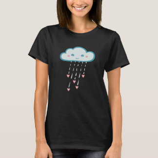 Camiseta Feliz Azul Chuva Nuvem Chovendo Corações Rosa