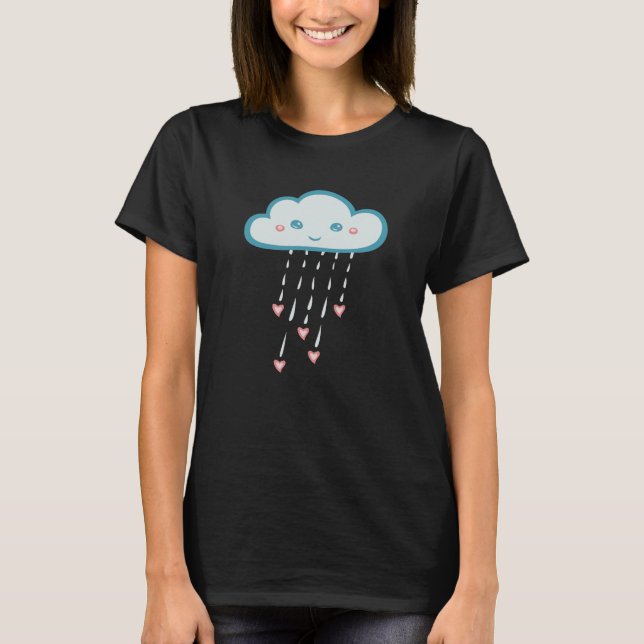 Camiseta Feliz Azul Chuva Nuvem Chovendo Corações Rosa (Frente)