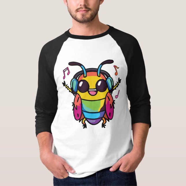Camiseta Feliz barata com fones de ouvido ouvindo música (Frente)