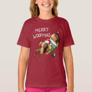 Camiseta Feliz Bonita Woofmas Crianças de Cachorro de Natal
