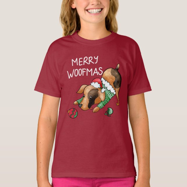 Camiseta Feliz Bonita Woofmas Crianças de Cachorro de Natal (Frente)