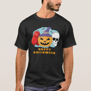 Camiseta Feliz Boxe Halloween - Caveira e Abóbora Assustado
