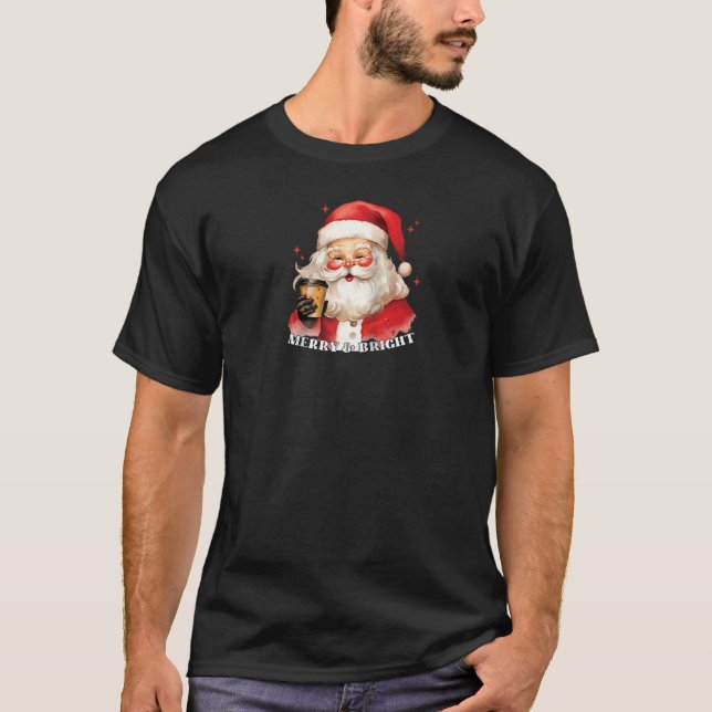 Camiseta Feliz Brilhante Papais noeis Bebendo Café X mas F (Frente)