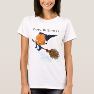 Camiseta Feliz bruxa das bruxas-abóbora, vassoura-voadora 
