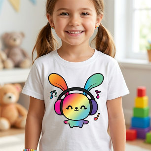 Camiseta Feliz Bunny com fones de ouvido ouvindo música.