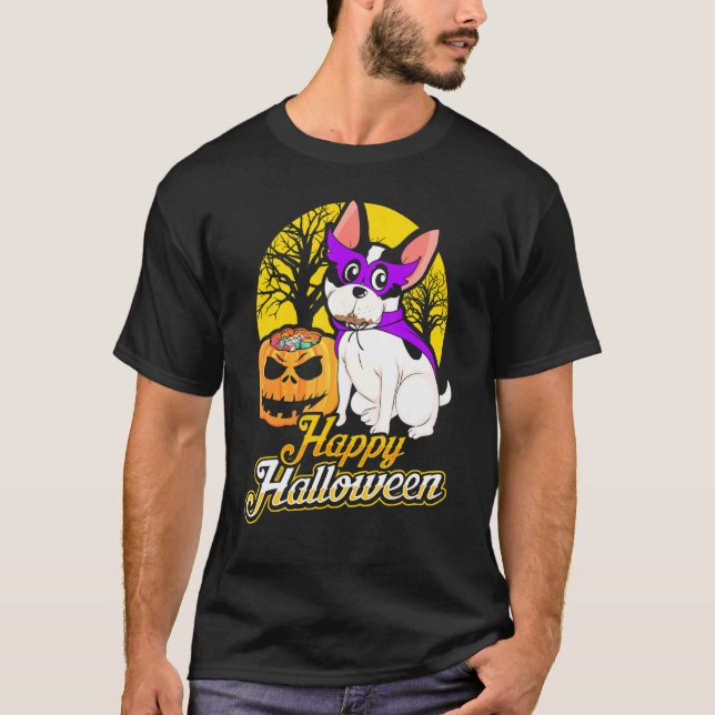 Camiseta Feliz Cachorro das Bruxas Costume Francês Cachorro (Frente)