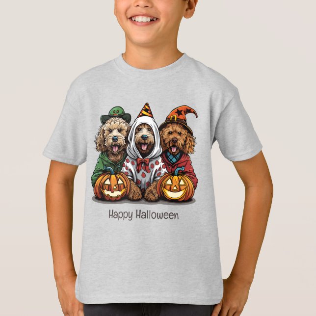 Camiseta Feliz Cachorro de Goldendoodle de Halloween (Frente)