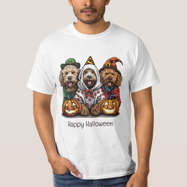Camiseta Feliz Cachorro de Goldendoodle de Halloween (Frente)