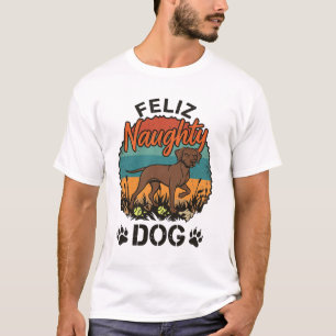 Camiseta Feliz Cachorro Safado Marrom Sol Retro Pegadas