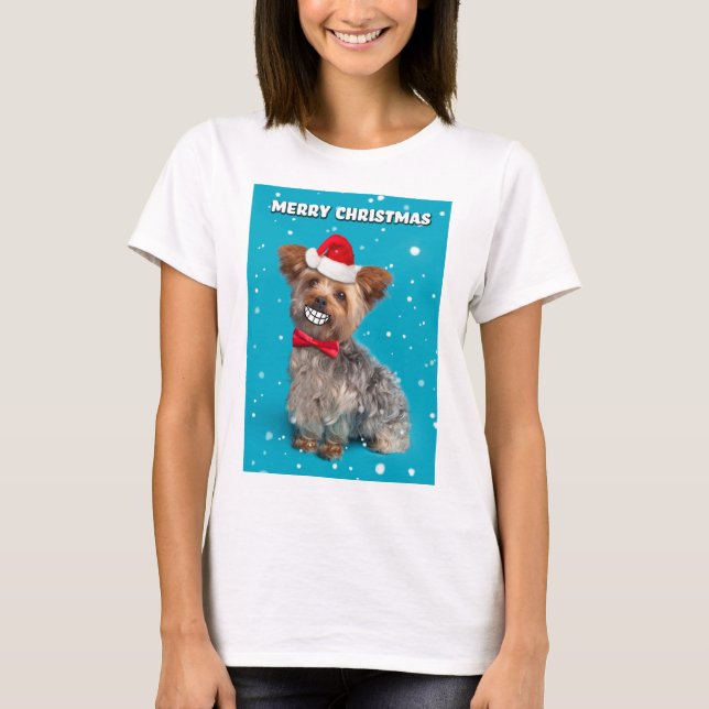 Camiseta Feliz Cachorro Yorkie de Natal sorrindo em Santa H (Frente)